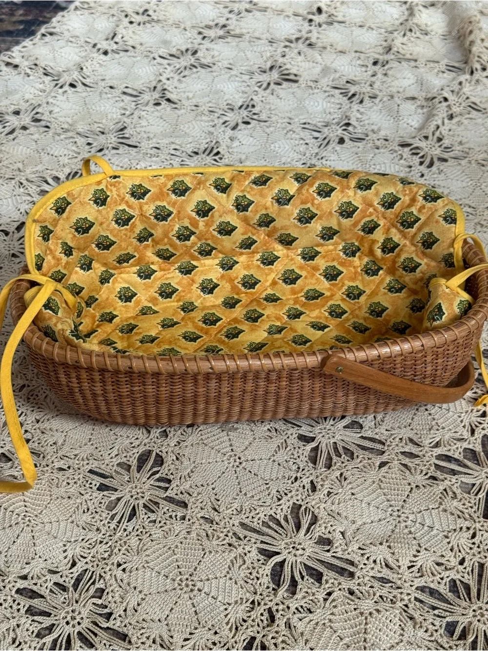Vintage Woven Basket with Quilted Fabric Liner & Wood Handle Cottage Decor